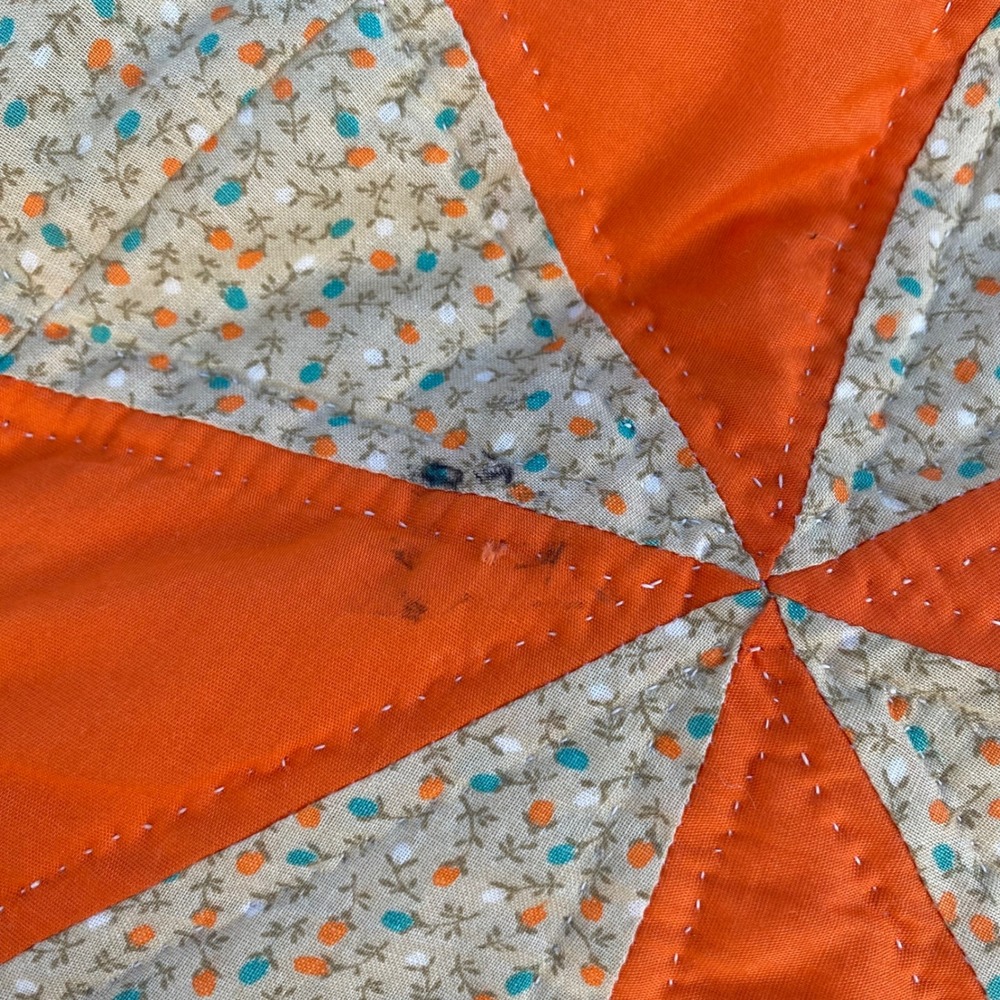 Vintage Handmade Patchwork Quilt Star Geometric Orange Brown Calico 70s Retro - Picture 5 of 15